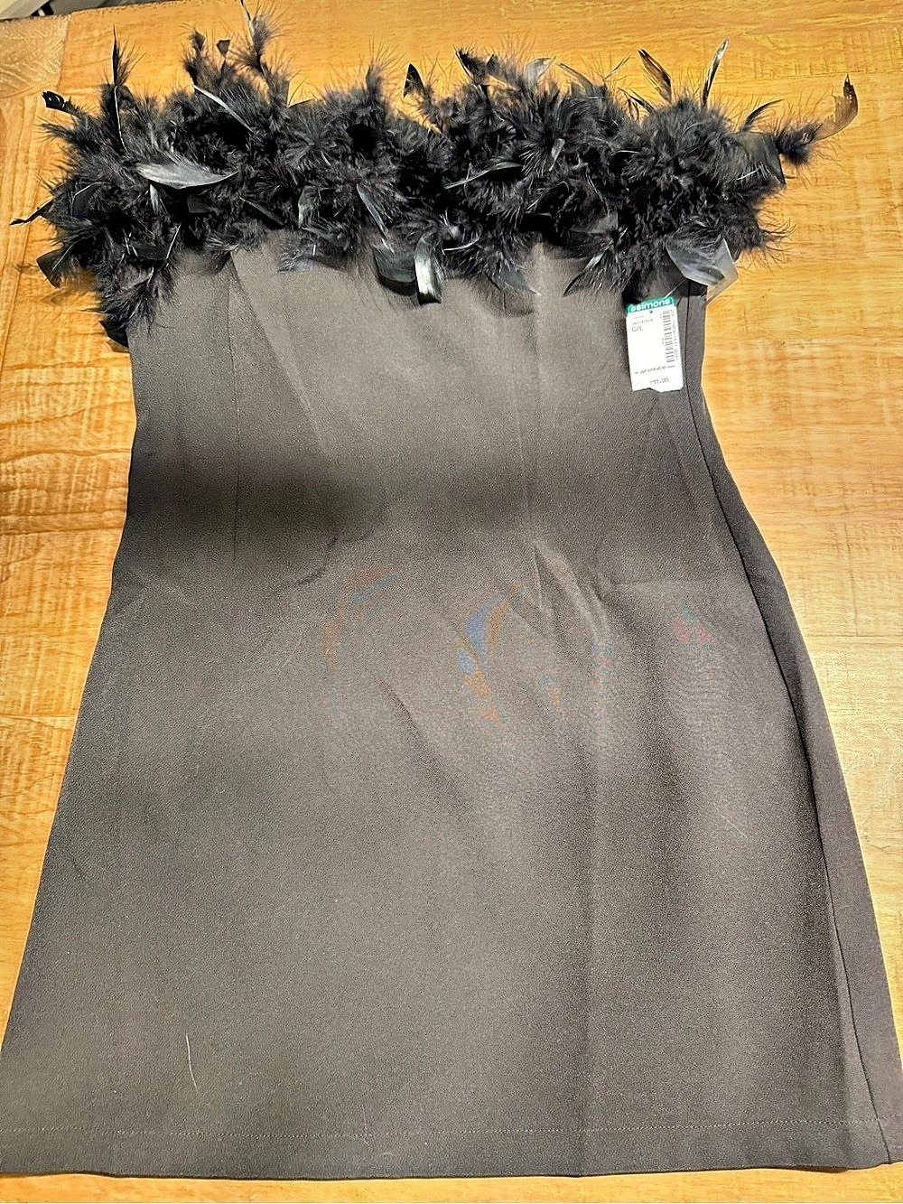 Icône Simons Black Feather Trim Strapless Mini Dress L NWT